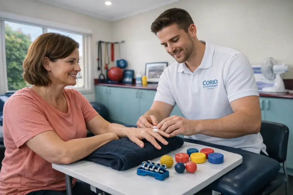 Hand therapist working with a patient on finger exercises