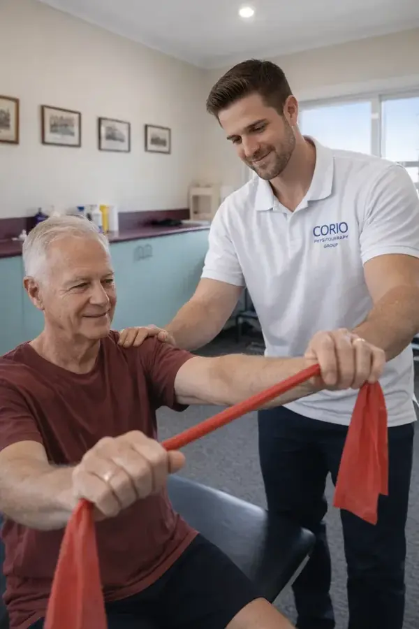 Physiotherapist guiding a patient through a resistance band exercise
